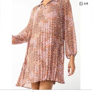 Nine West 70’s Vibe Crepe Pleated Collared Balloon Sleeve Swing Dress size M